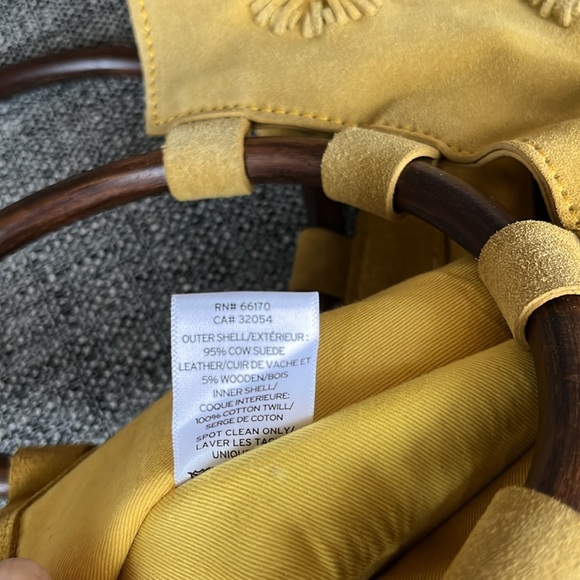 Anthropologie Pom Pom suede leather wooden handles tote, yellow - Picture 5 of 9